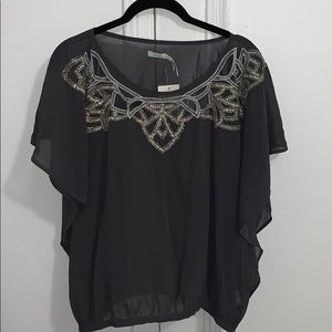 Charcoal Blouse with Beading Neckline